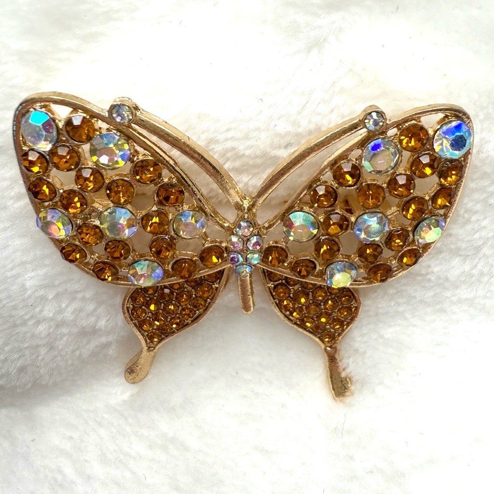 Elegant Multicolor Glass Butterfly Style Brooch Goldtone